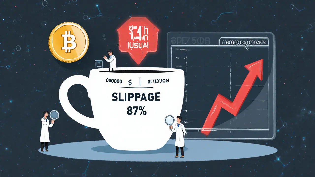 A microscopic SHICO token next to a coffee cup labeled , with a 60 quadrillion-to- scale and slippage warning.