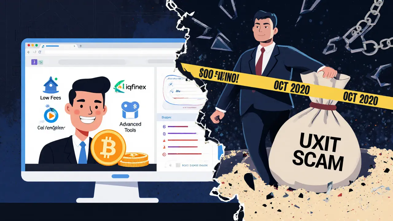 A new investor depositing crypto as the exchange crumbles behind them, with a thief fleeing with stolen funds.