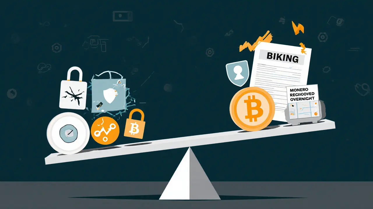 A seesaw comparison showing BiKing weighed down by security failures versus regulated exchanges with safety features.
