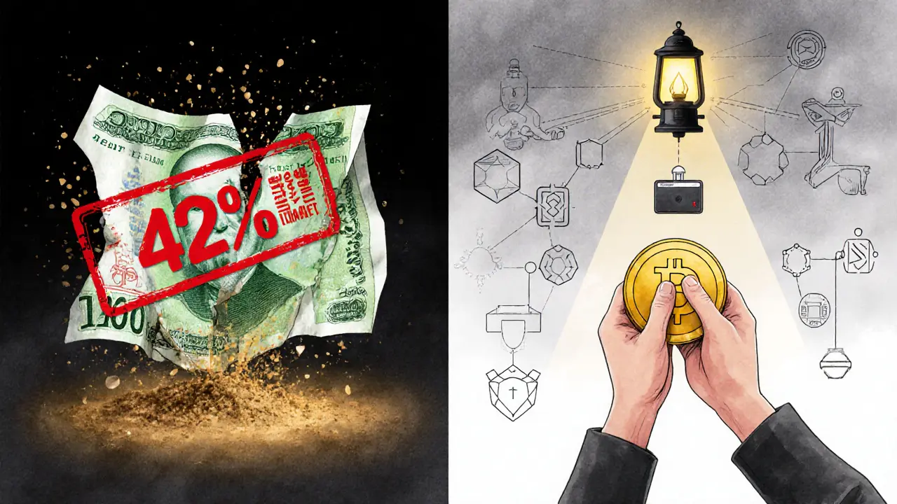 A split illustration showing the Iranian rial collapsing versus DAI on Polygon protected by a secure wallet and VPN.