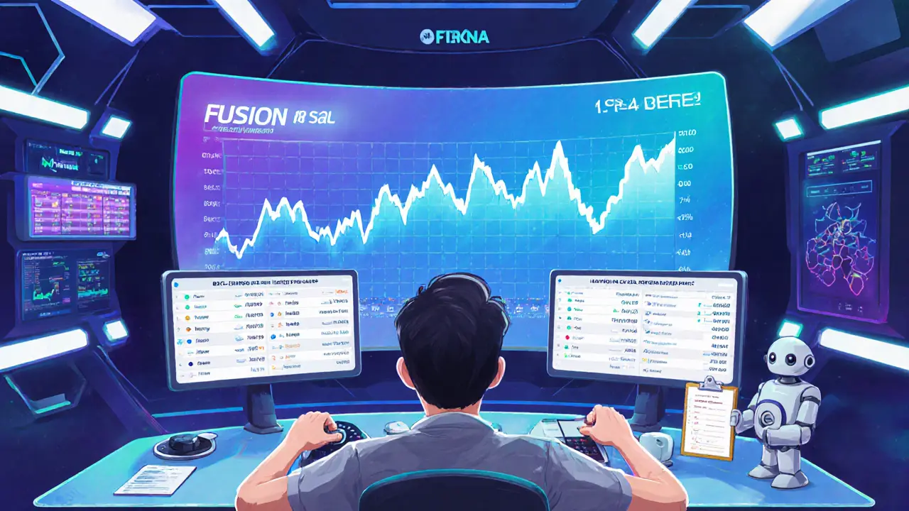A trader in a control room surrounded by holographic leaderboards and a dominant BSC-USD/USDC volume chart, adjusting FUSION pool settings.