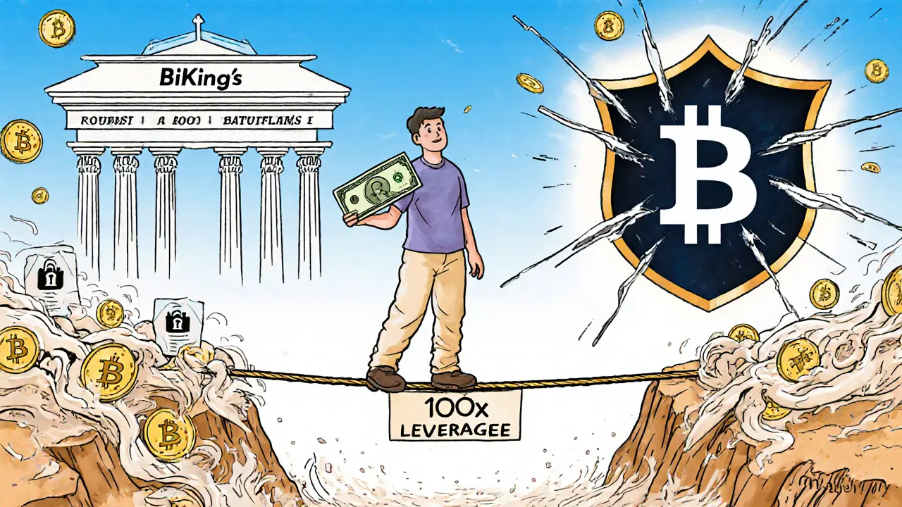 A trader on a tightrope over a pit of falling crypto tokens, balanced between unsafe leverage and secure exchange.