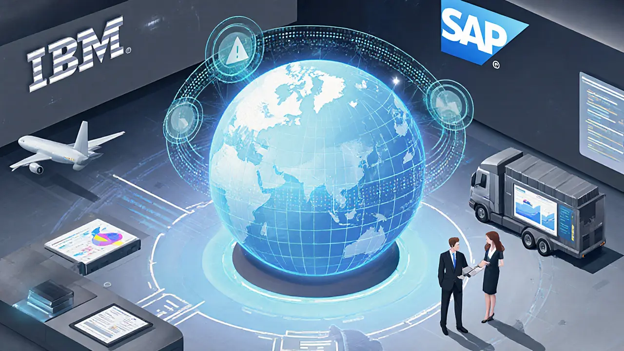AI analyzing global supply chain NFT data on a holographic globe with enterprise logos nearby.