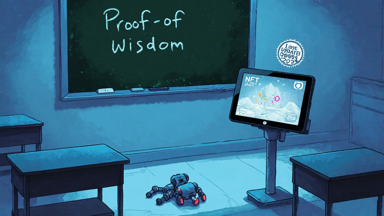 An empty digital classroom with a faded &#039;Proof-of-Wisdom&#039; board and a dead toddler game tablet.