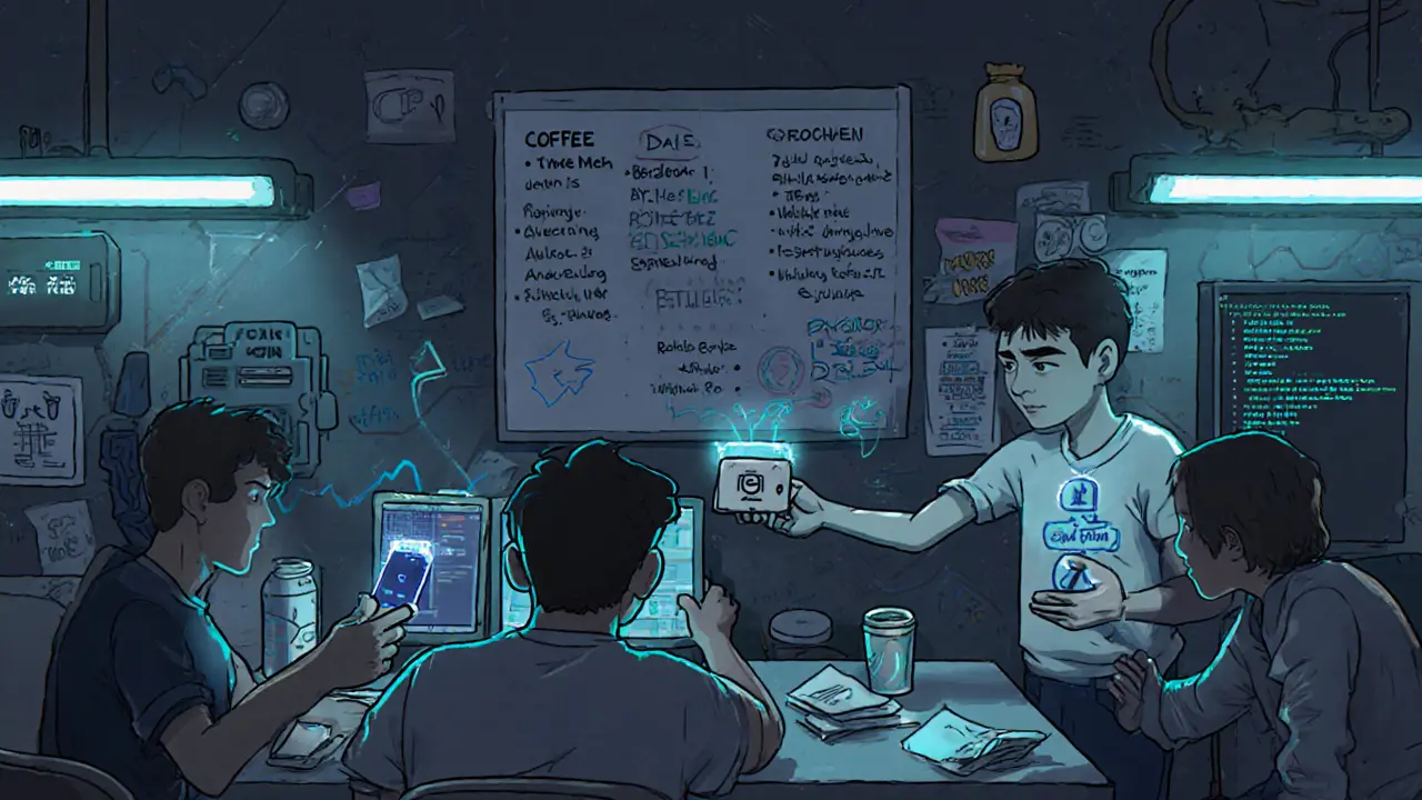 An underground crypto trading scene in a Tehran apartment, with people exchanging DAI via Telegram and hardware wallets.