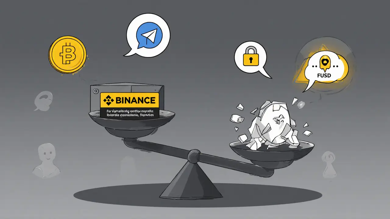 Balance scale weighing FLM token against unstable FUSD stablecoin with regulatory and risk icons.