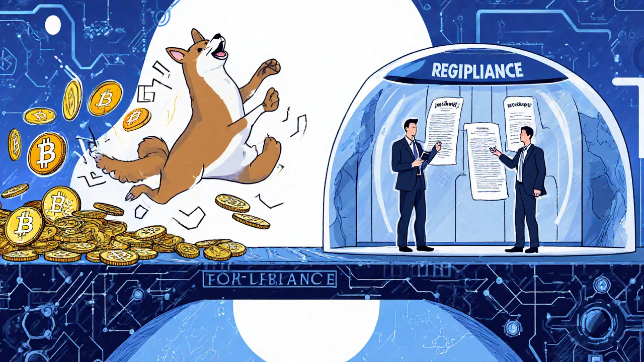 Bridge between chaotic crypto exchange and regulated EGX trading room, symbolizing security token contrast.