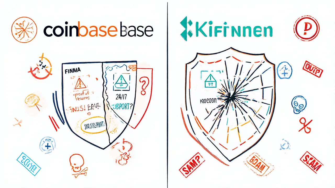 Comparison of legitimate exchanges with safety features versus IQFinex marked by warning symbols and red Xs.