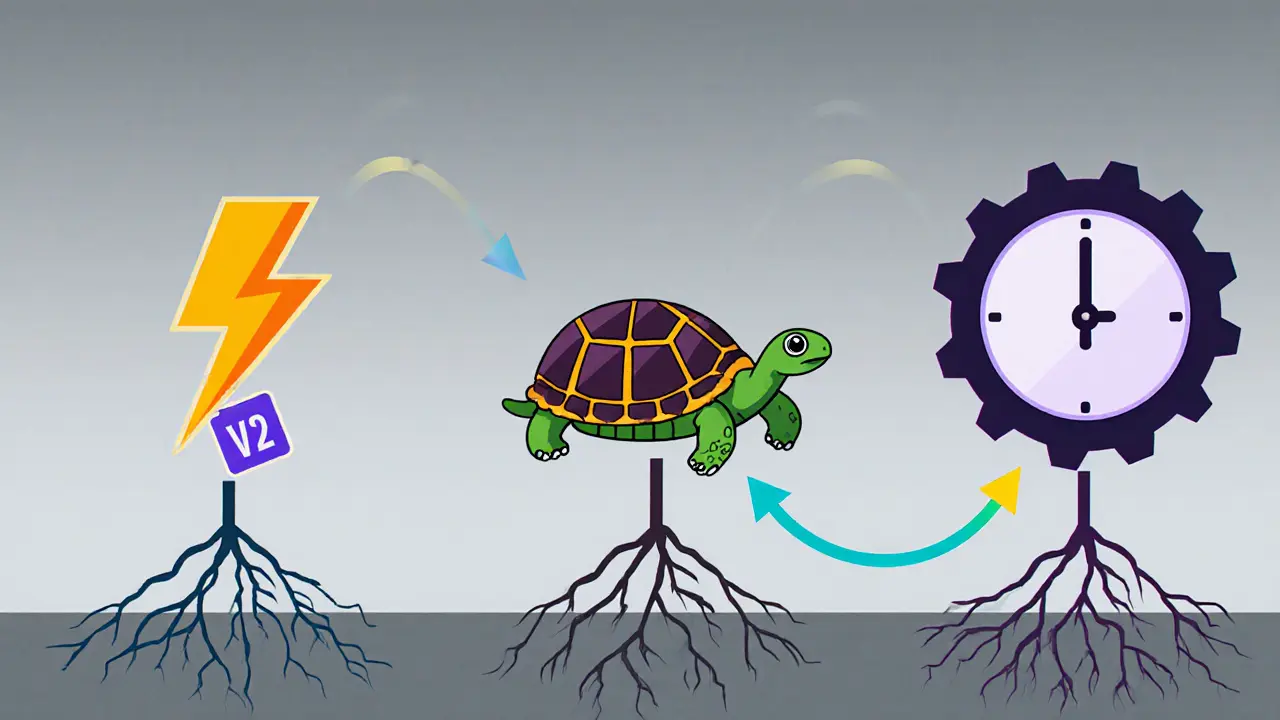 Comparison of three Cardano DEXes: Minswap V2 with fast lightning, SundaeSwap with slow turtle, and JellySwap with jammed gears.