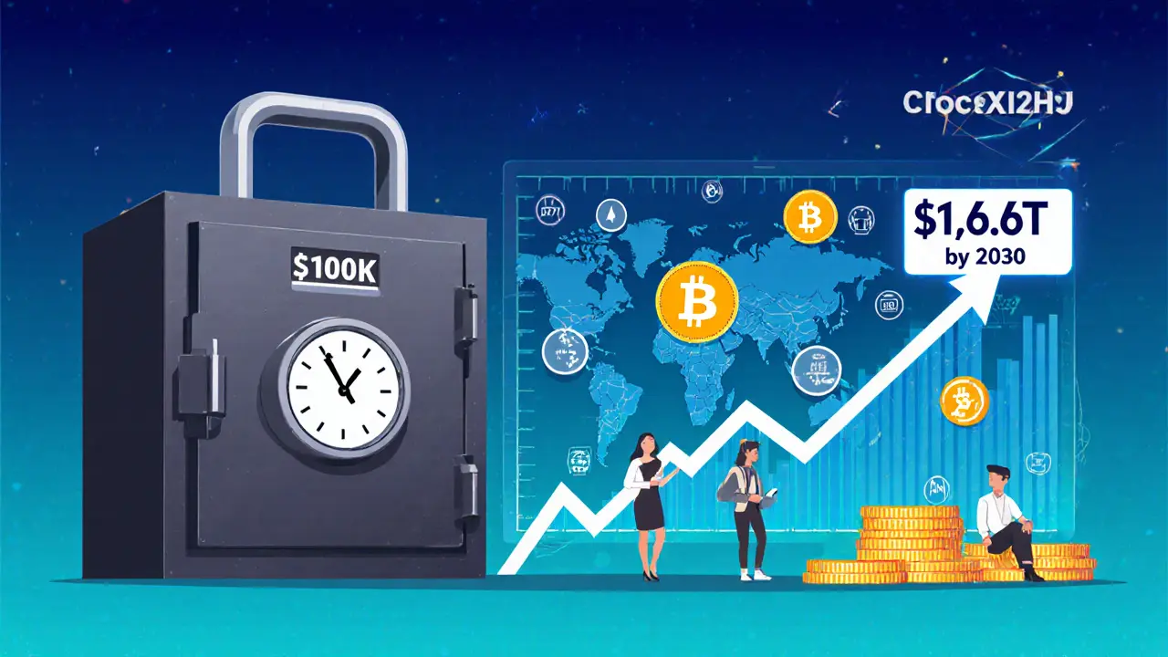 Contrast between locked traditional real estate vault and open digital token dashboard with rising value graph.