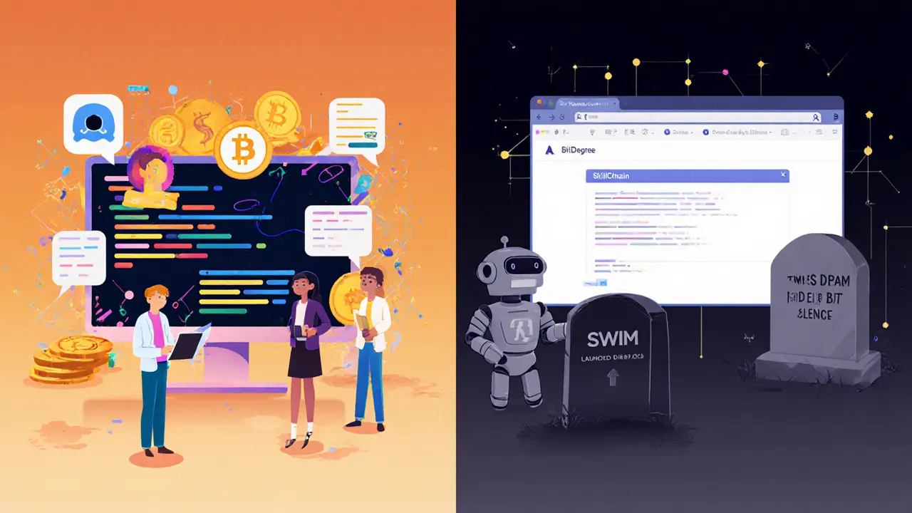 Contrasting active educational crypto projects with SWIM’s abandoned website and tombstone.
