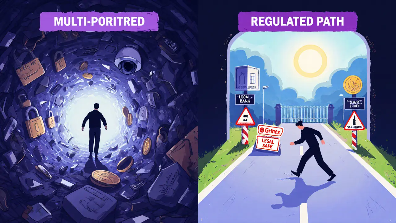 Contrasting path: chaotic illegal crypto escape vs. clear regulated path to legal trading