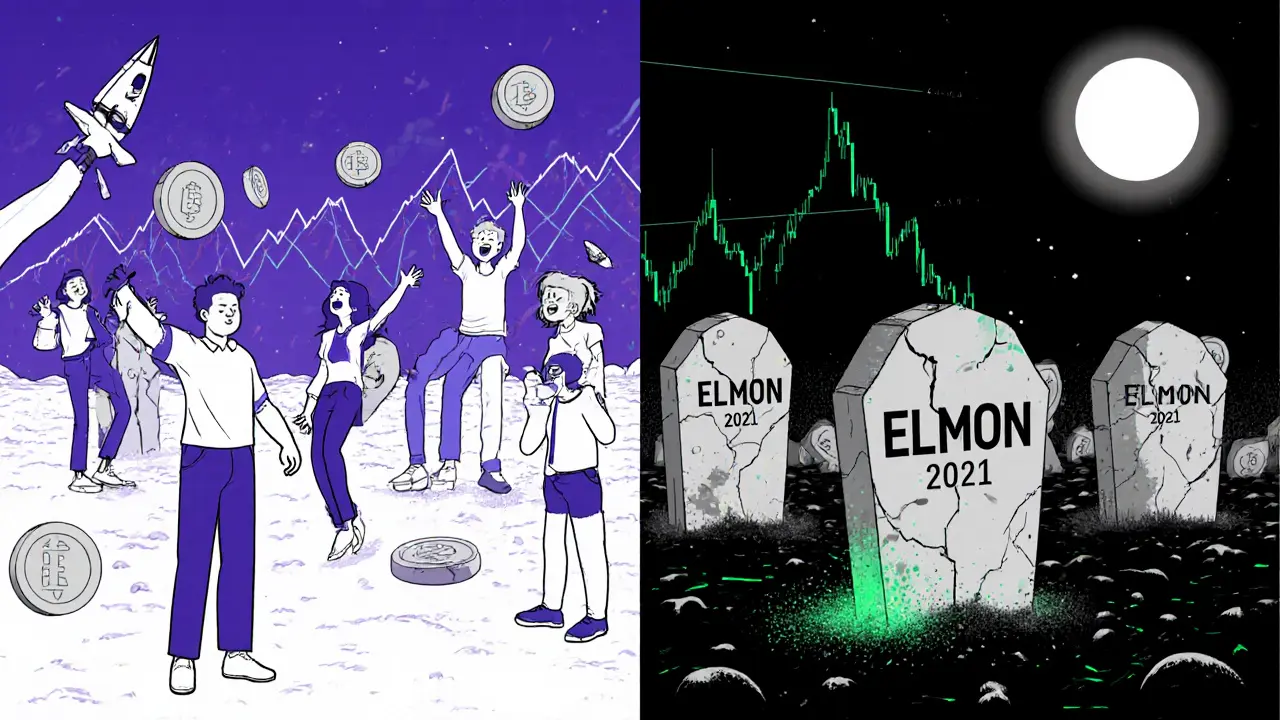 Contrasting scene of thriving 2021 GameFi vs. a graveyard of ELMON token tombstones.