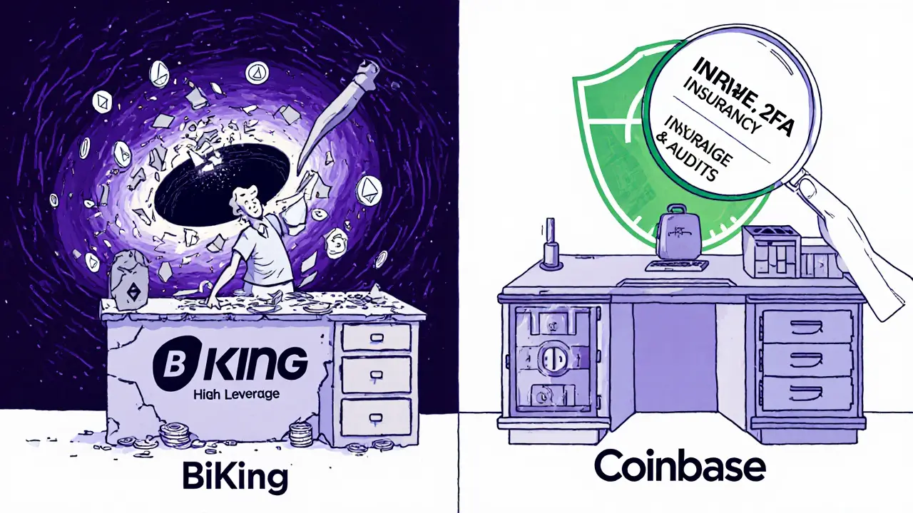Contrasting trading desks: chaotic BiKing with losing coins and broken 2FA vs. secure Kraken/Coinbase with insurance and hardware tokens.