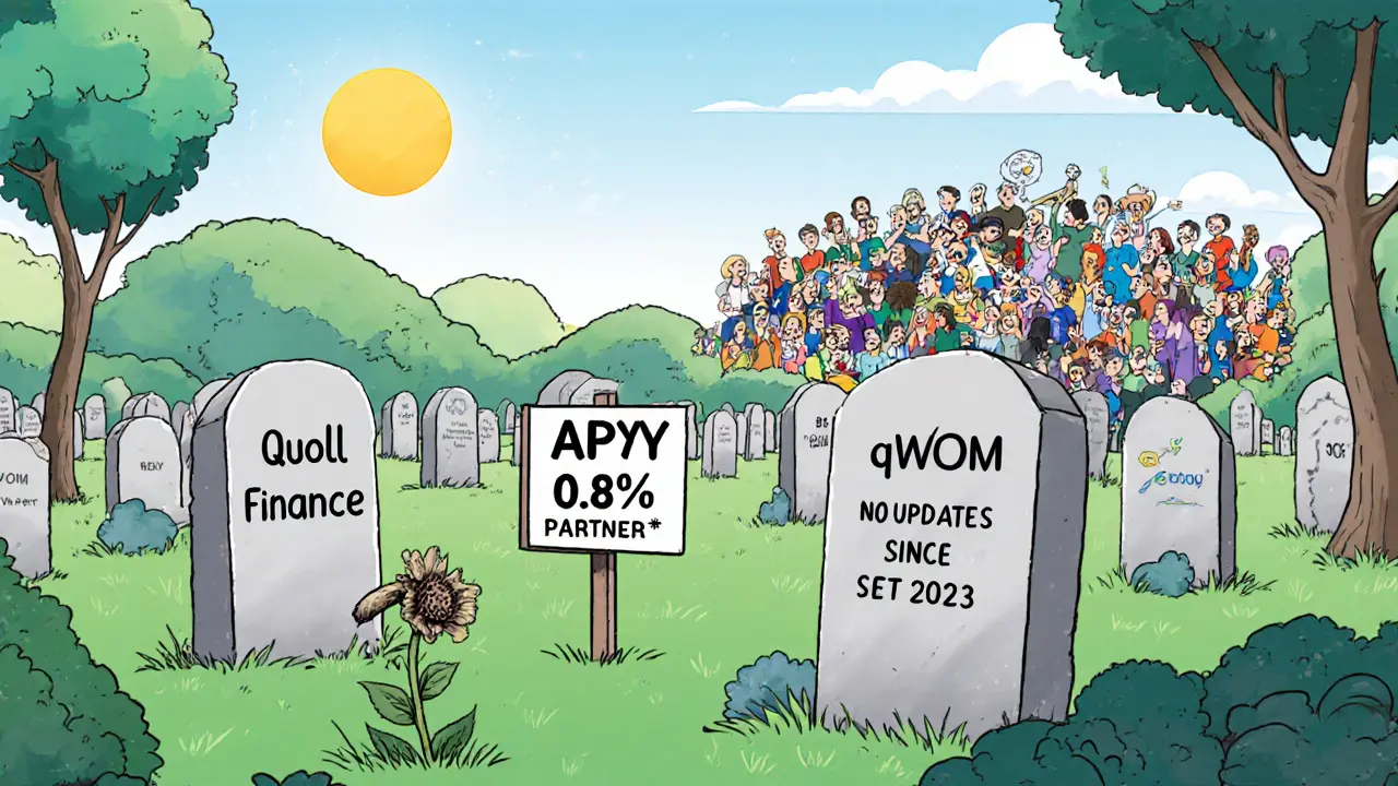 DeFi graveyard with Quoll Finance tombstone beside wilted qWOM flower, other protocols thriving