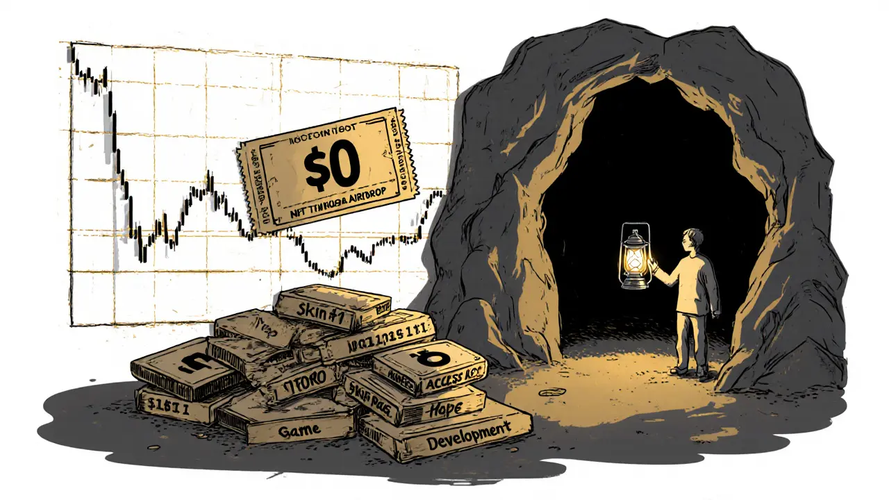 Flatlining $RAID token chart with unused NFT cards and a lone figure holding a lantern toward a dark cave labeled &#039;Game Development&#039;.