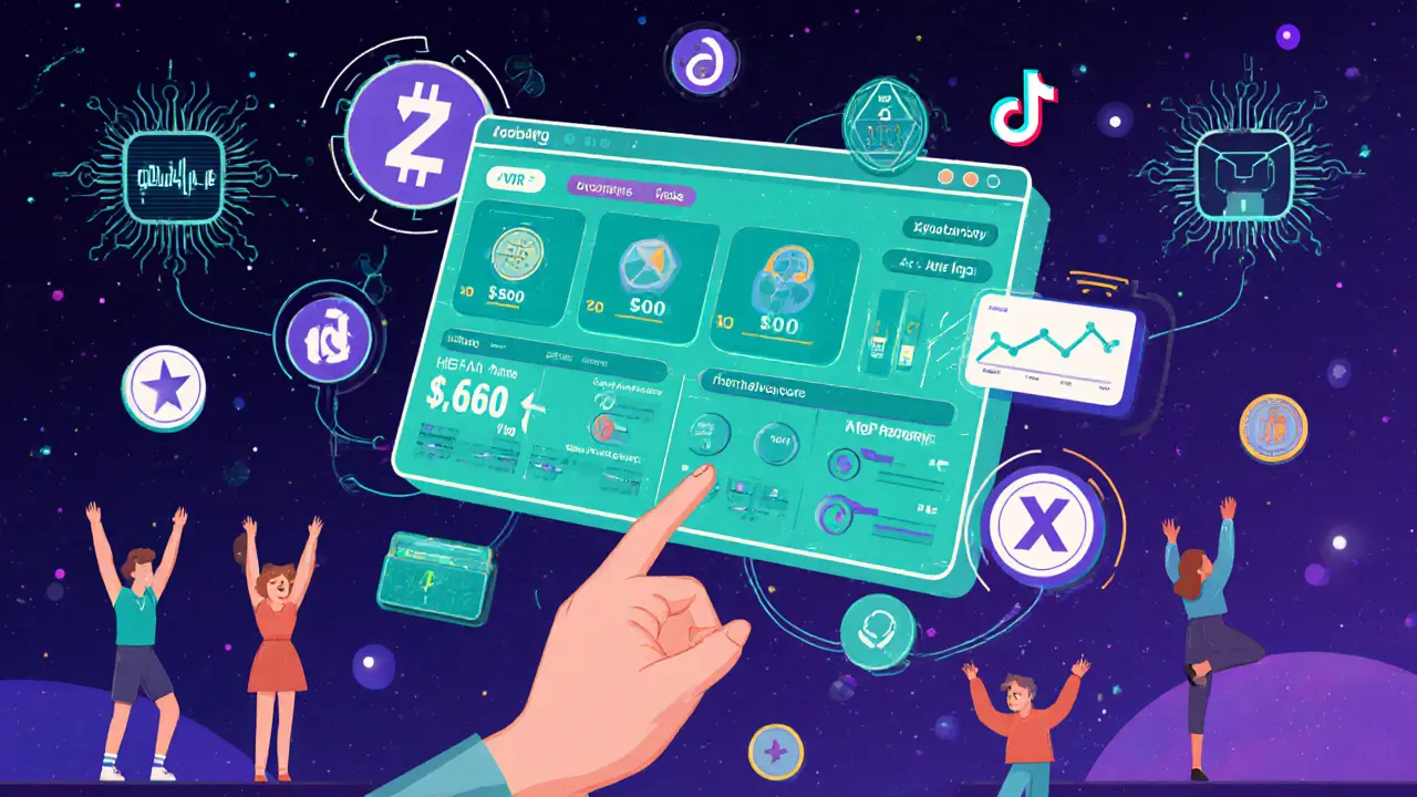 Floating creator dashboard showing VDR revenue, staking, and governance icons with streamers in background.