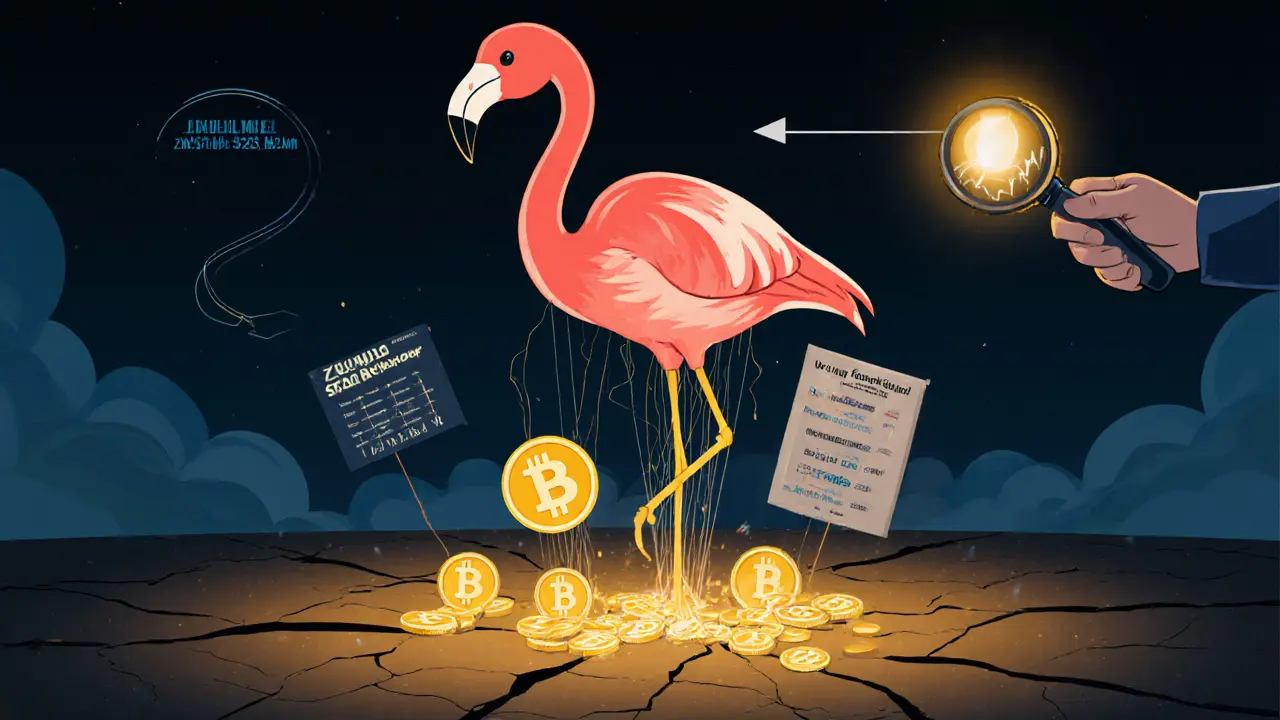 Fragile flamingo-shaped crypto ecosystem with low TVL foundation and regulatory oversight looming.