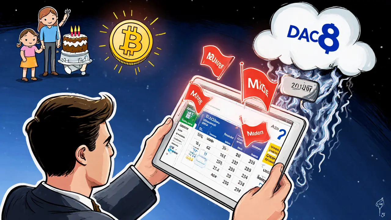 German tax auditor reviewing auto-reported crypto data, while a family celebrates tax-free gains as EU rules loom.