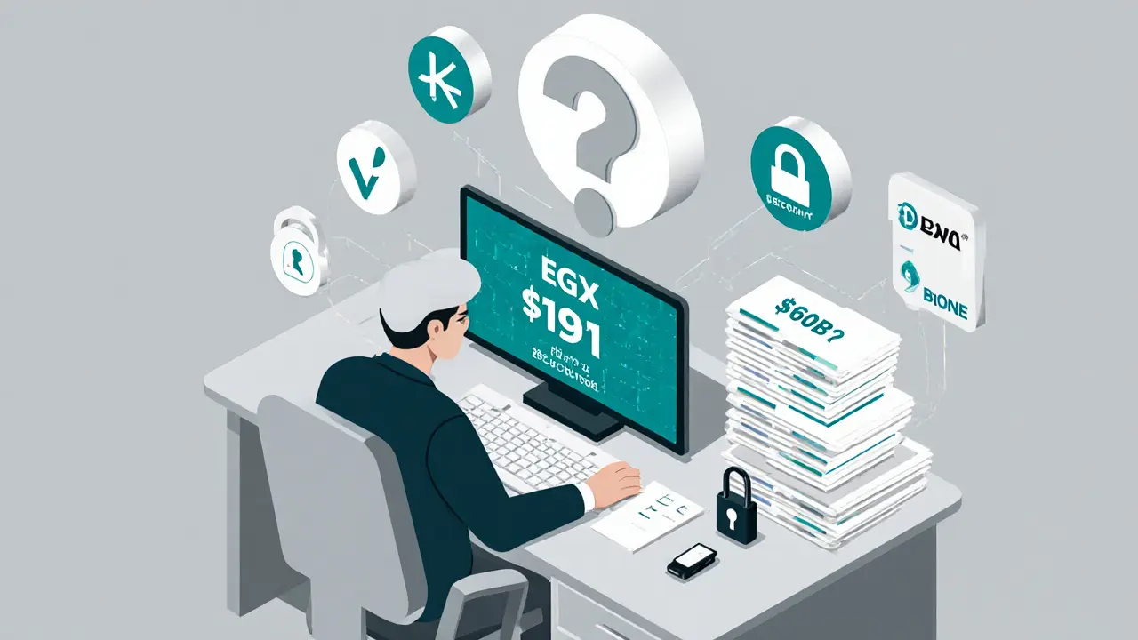 Investor facing a 1 EGX price on screen, surrounded by KYC locks and unverified asset reports.