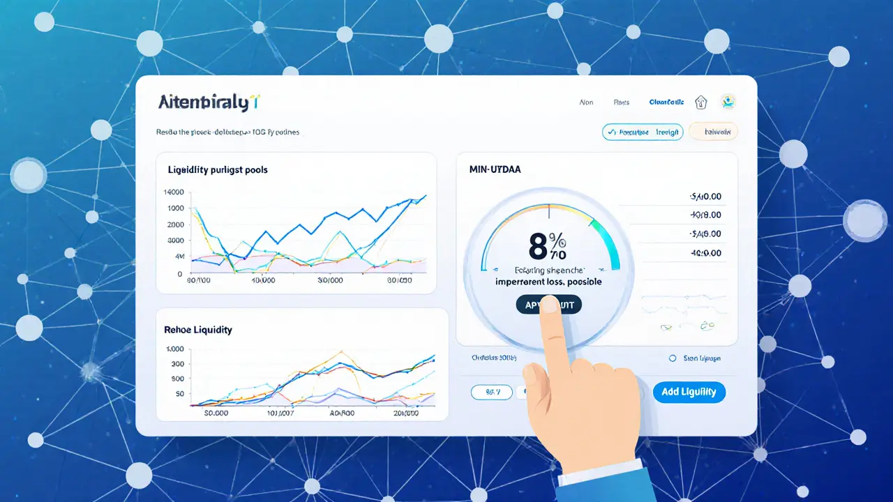 Liquidity provider dashboard showing APY graphs and impermanent loss risk meter for Cardano token pools.