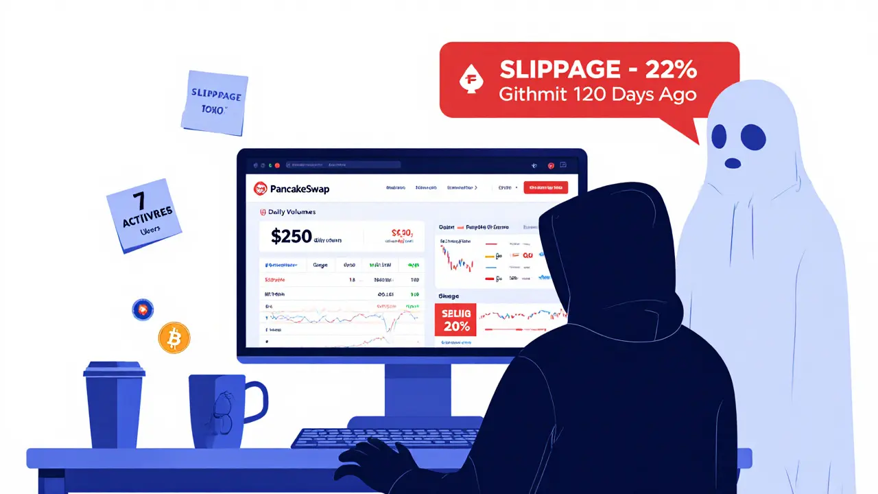 Lone desktop showing low QUO trading volume with slippage alert and inactive GitHub notice