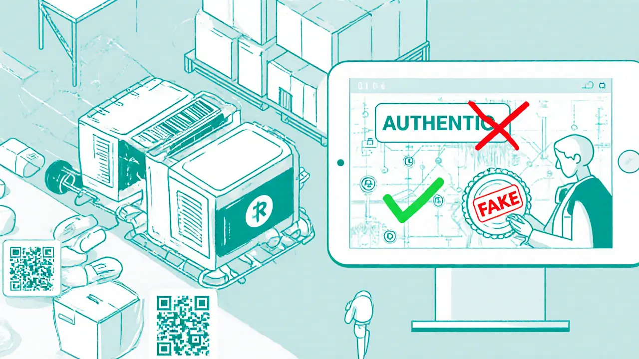 Pharmaceutical package being verified by IoT scans and NFT authentication with fake vs authentic comparison.