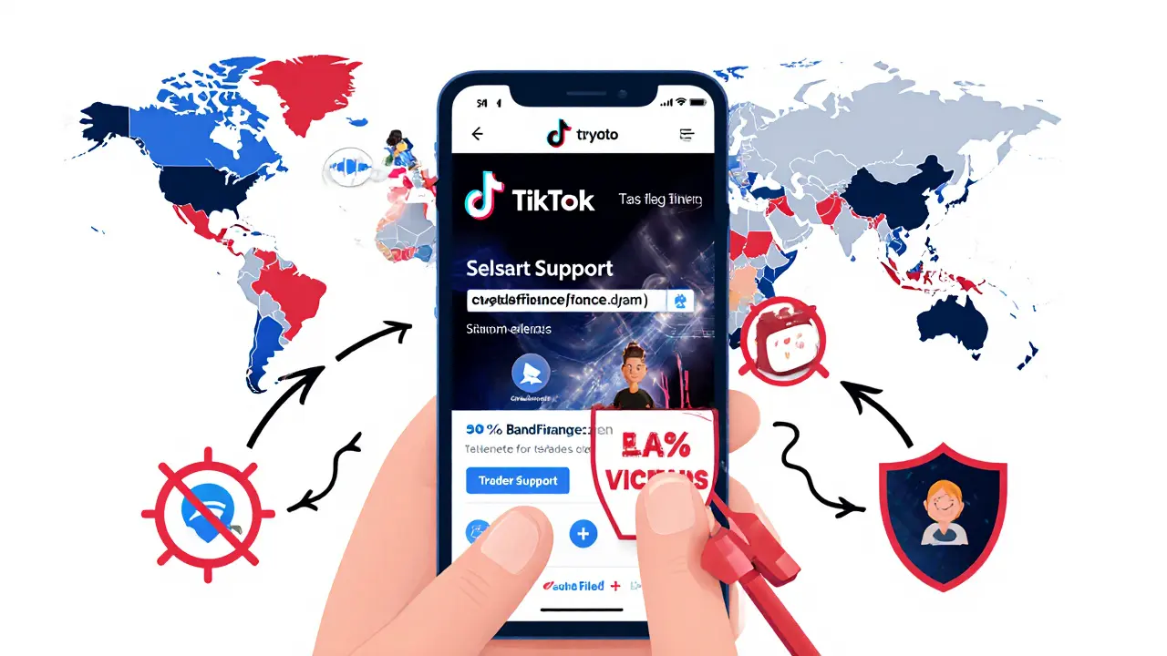 Phone showing a scam ad with red flags, while victims lose money and a shield blocks the fraud.