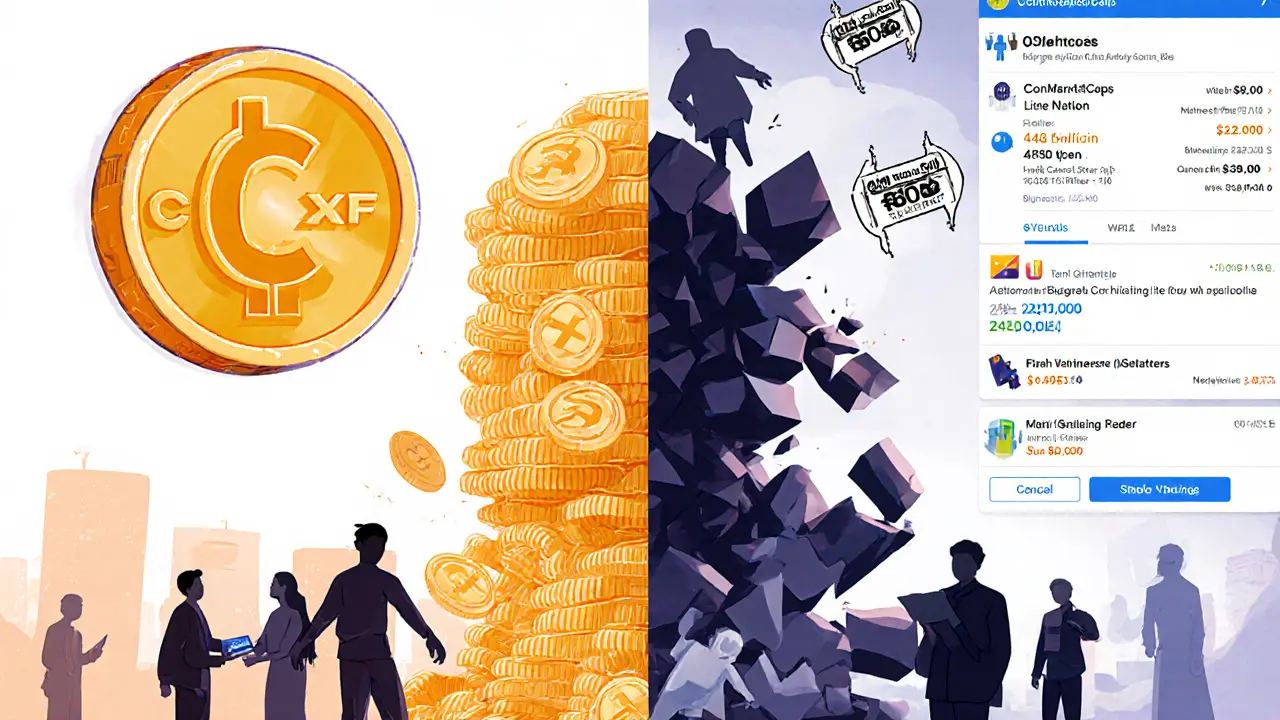 Side-by-side comparison: a thriving DeFi token vs. a crumbling CZF ghost project.