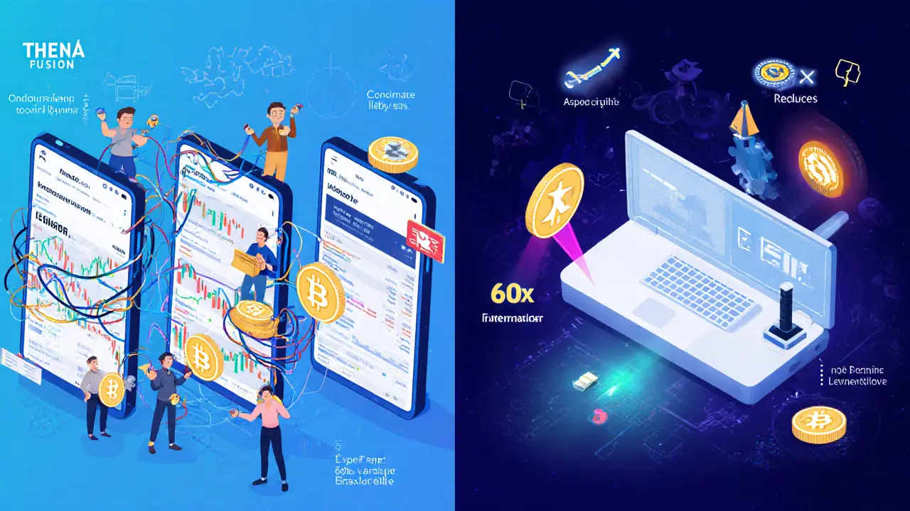 Side-by-side comparison: chaotic multi-app DeFi setup vs. clean THENA FUSION interface with concentrated liquidity beams and 60x leverage.