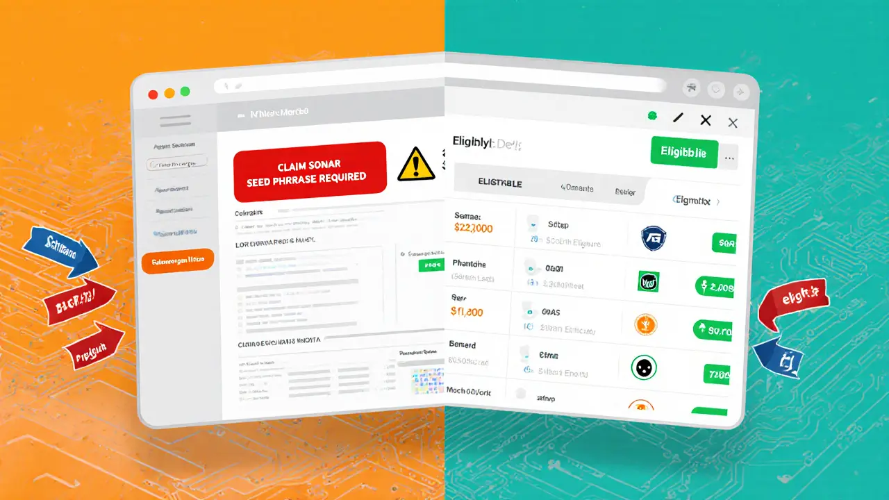Side-by-side comparison of a phishing wallet page and a legitimate Solana DEX interface.
