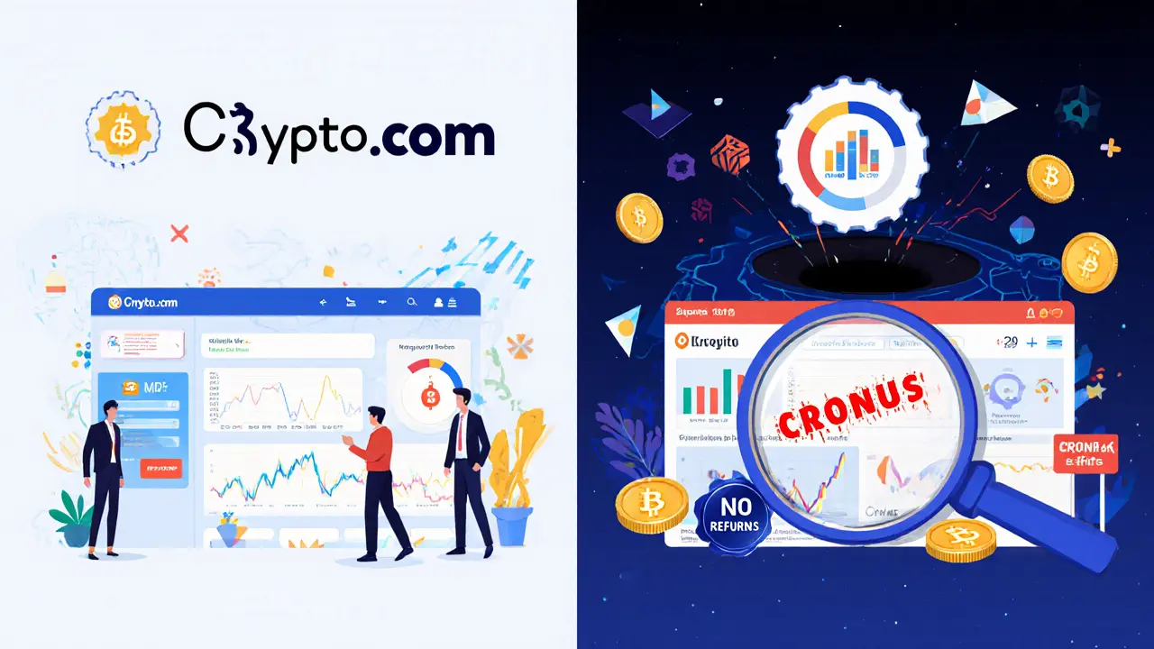 Side-by-side comparison of legitimate Crypto.com vs. glitchy fake Cronus Finance platform.