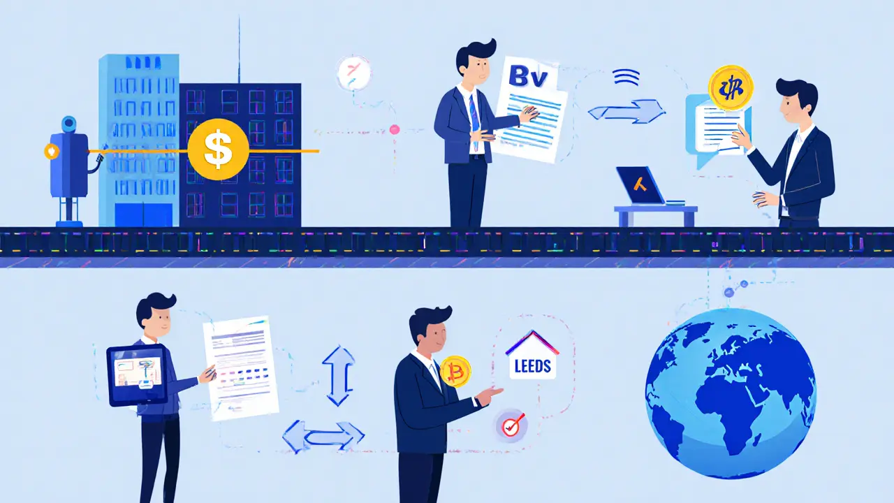 Six-step process illustrating property tokenization as a conveyor belt with appraisers, coders, and global investors.