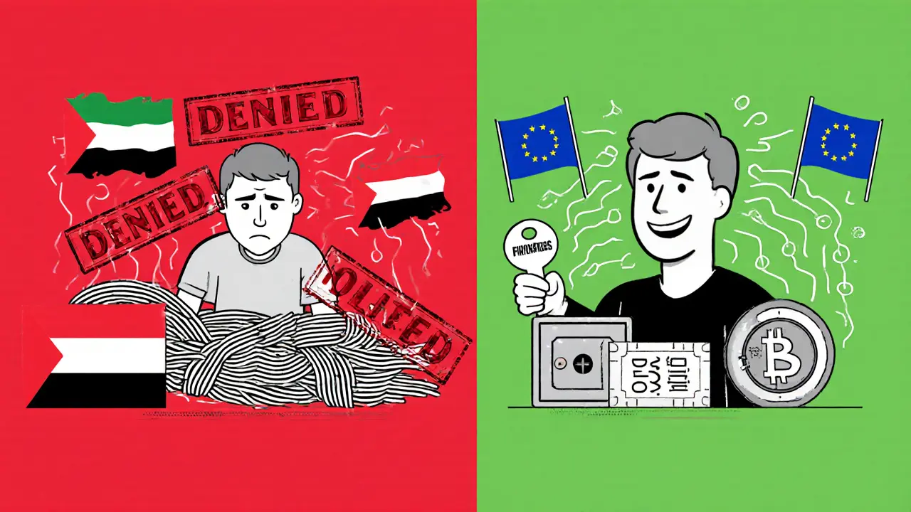 Split scene: blocked crypto wires turning into open bank transfers after FATF clearance.