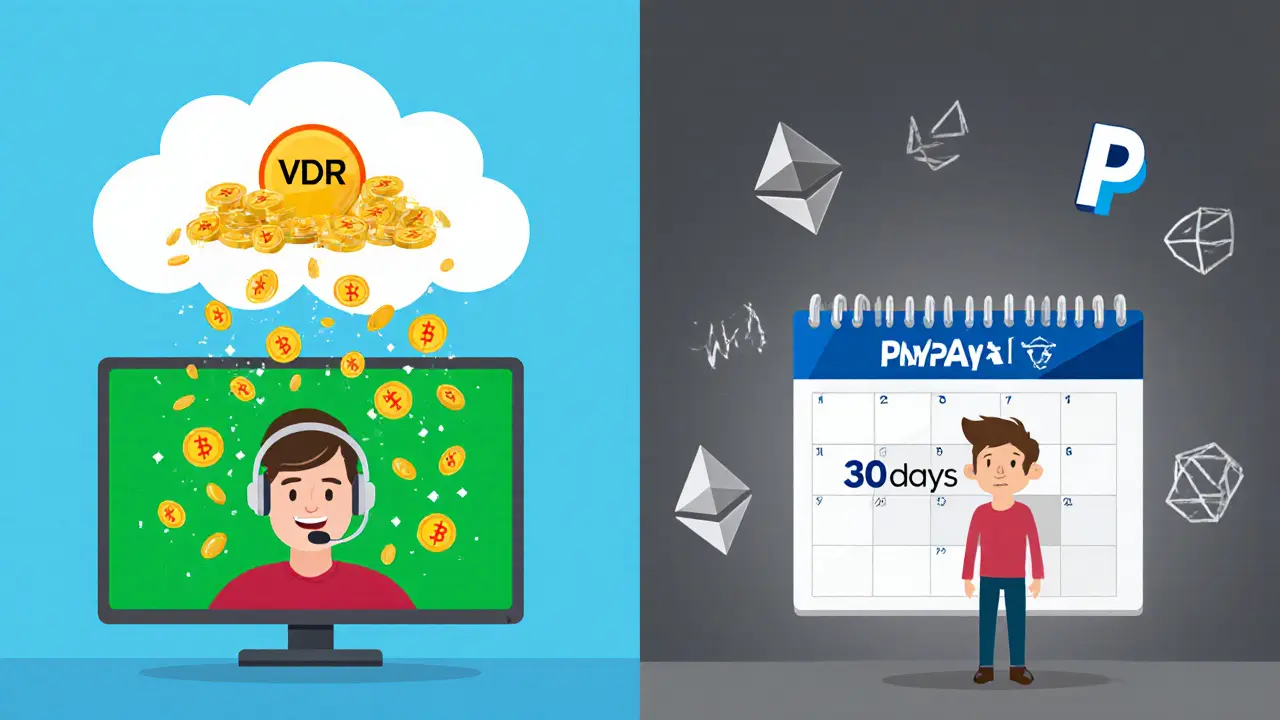 Split scene: one streamer gets instant VDR payments from a blockchain, another waits weeks for PayPal.