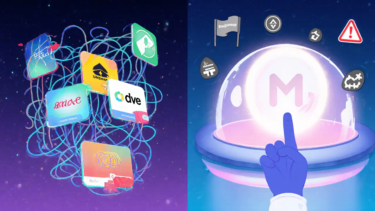 Split-screen comparison: chaotic multiple DeFi apps vs. streamlined Flamingo Finance interface.