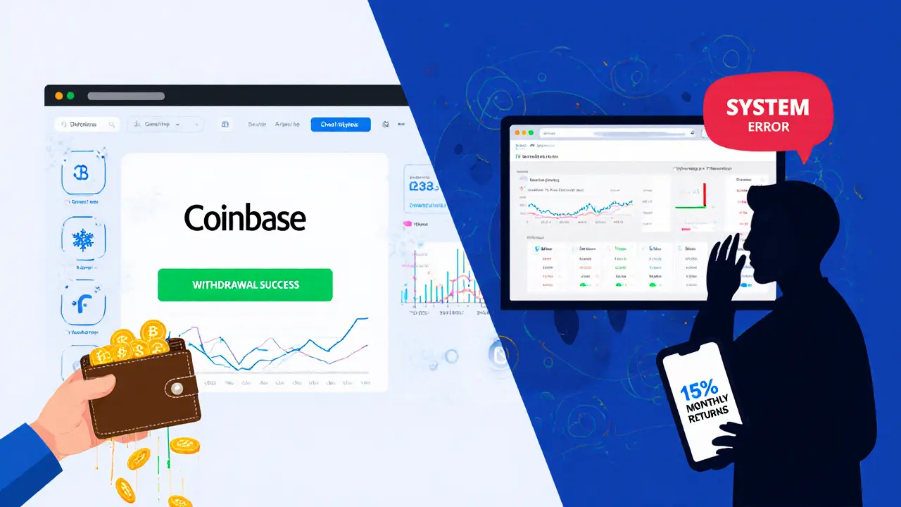 Split-screen comparison: clean trading app vs frozen CBX interface with scam messages