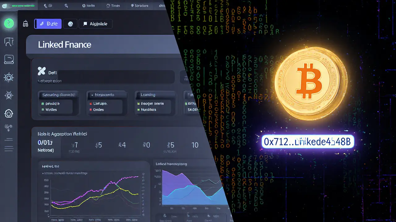 Split-screen technical illustration of DeFi tools and a glowing NFT above a blockchain contract address.