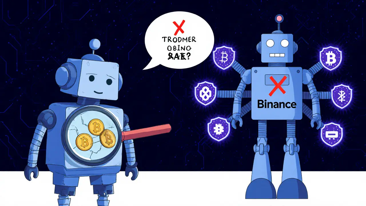 Tiny broken GCOX robot with three coins vs. fully functional Binance robot with security features.