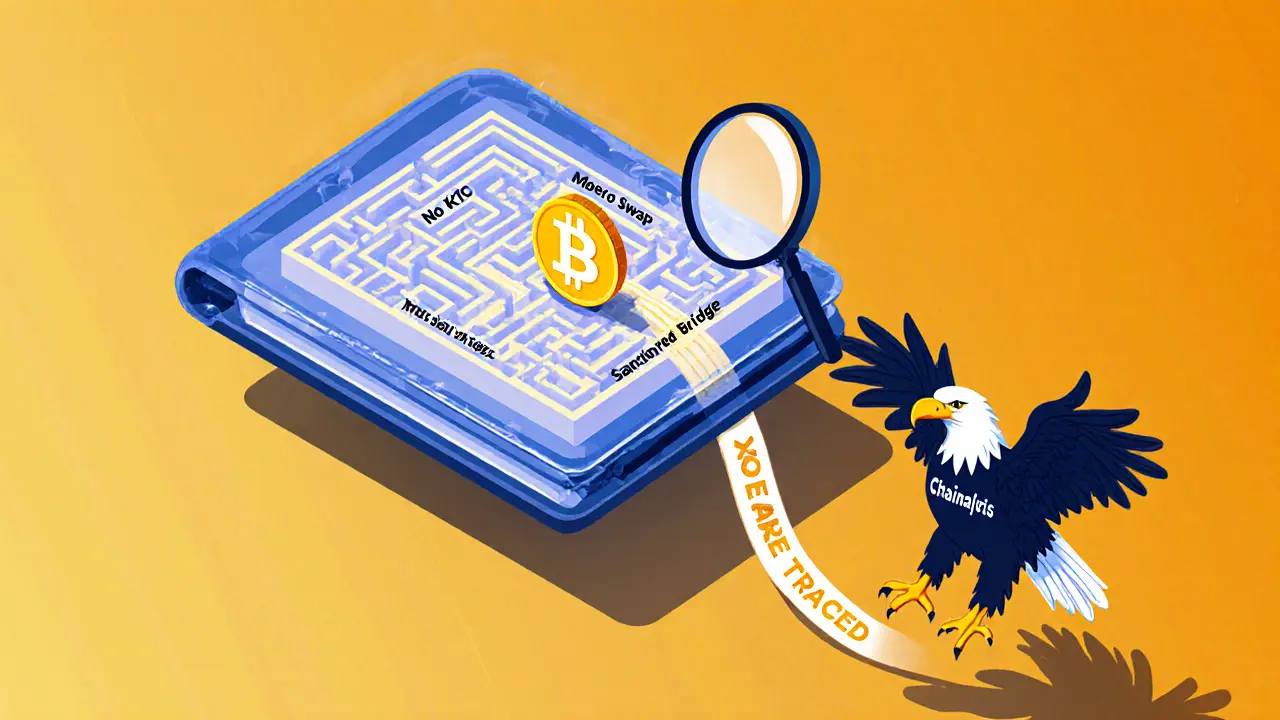Transparent wallet showing nested exchange layers leading to a regulatory eagle tracking the transaction