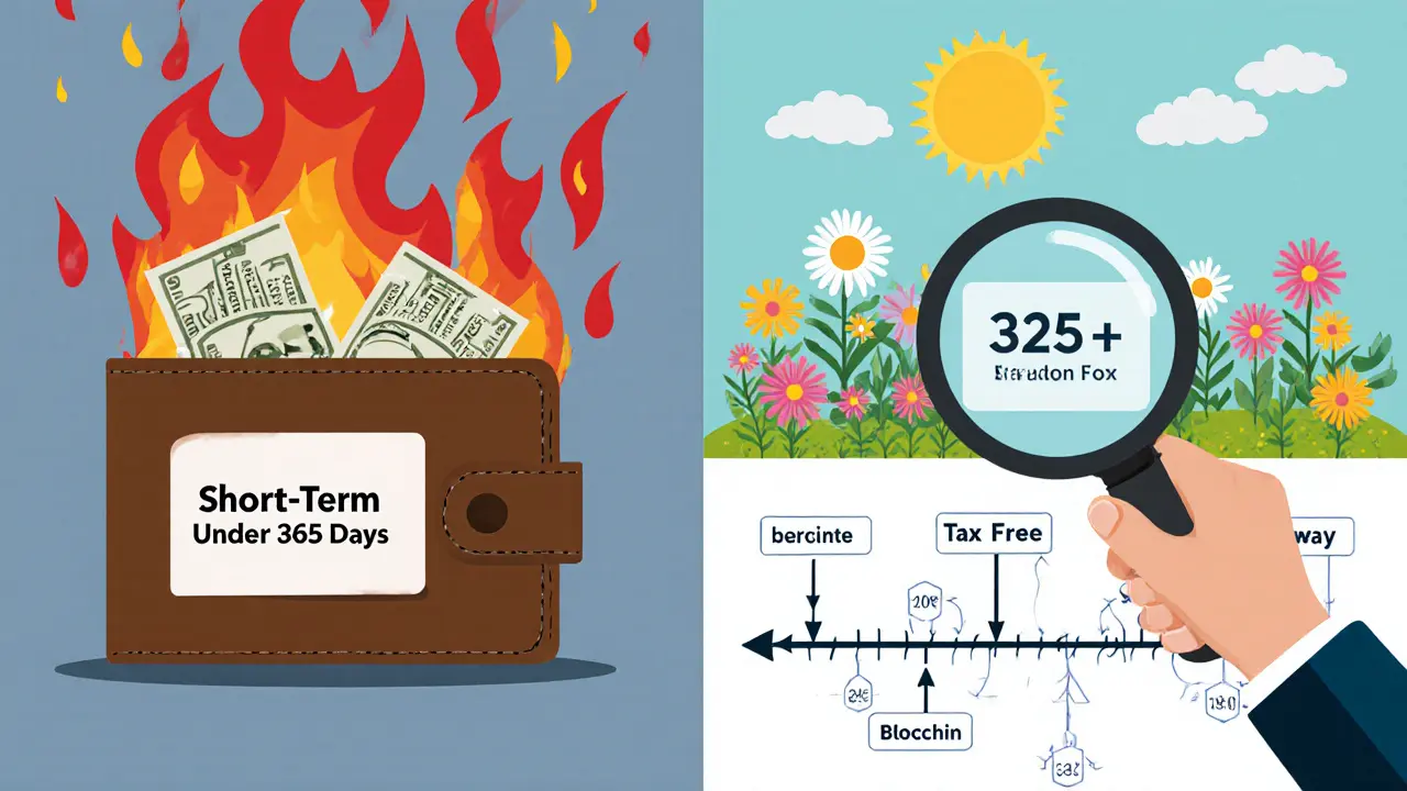Two wallets: one burning with taxes, the other blooming tax-free under a sun, with a timeline showing exact holding dates.