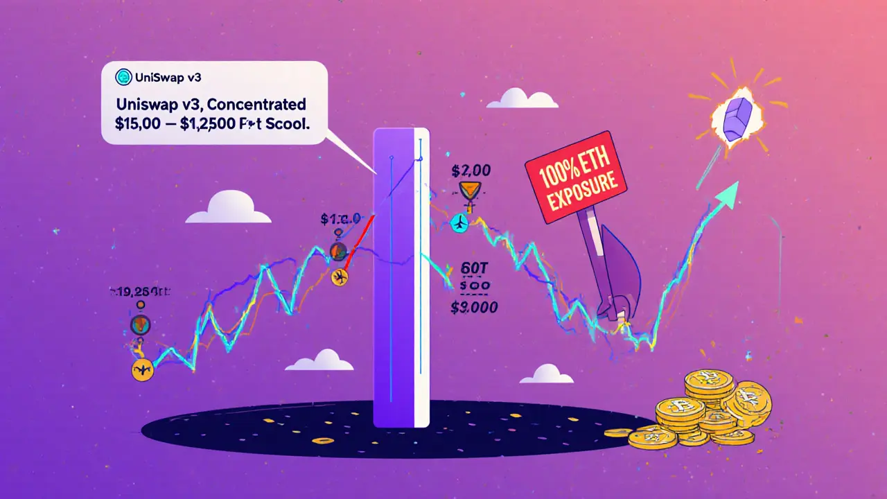 Uniswap v3 liquidity range shown as a narrow bar, with ETH price moving outside it, leaving only ETH holdings.