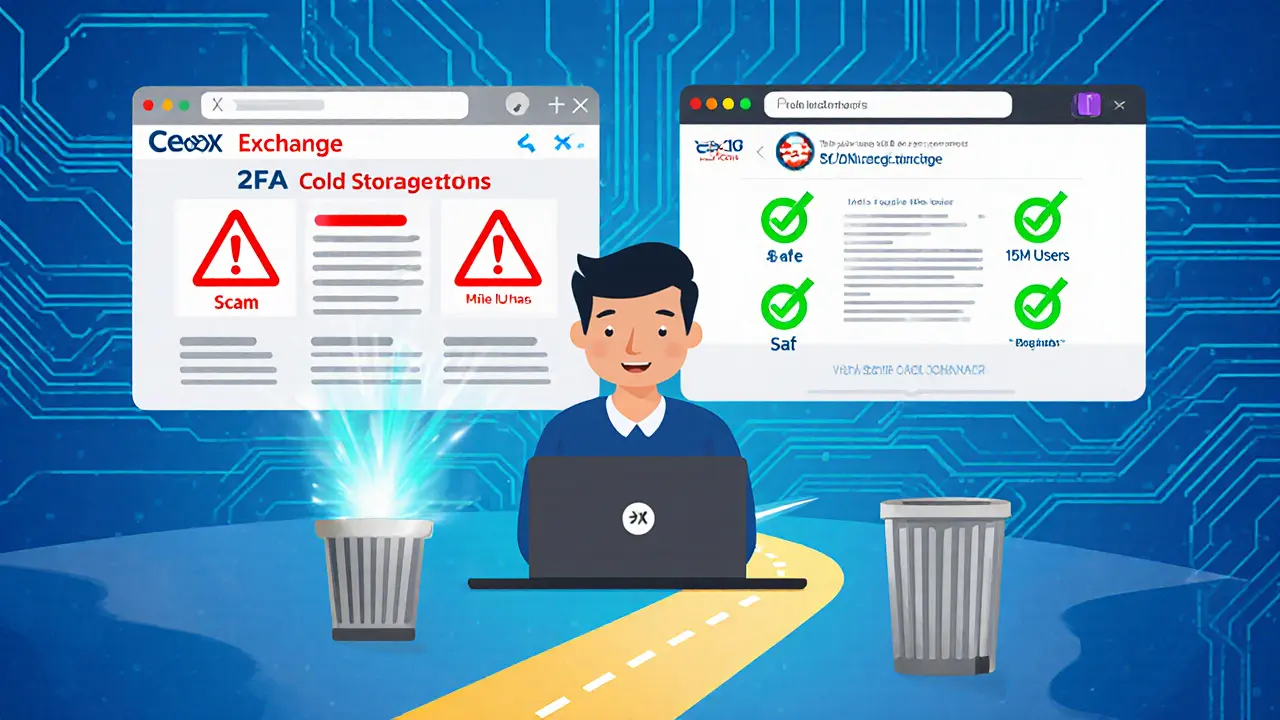 User choosing between a scam crypto site and secure CEX.IO, with safety indicators and warning symbols in technical cartoon style.