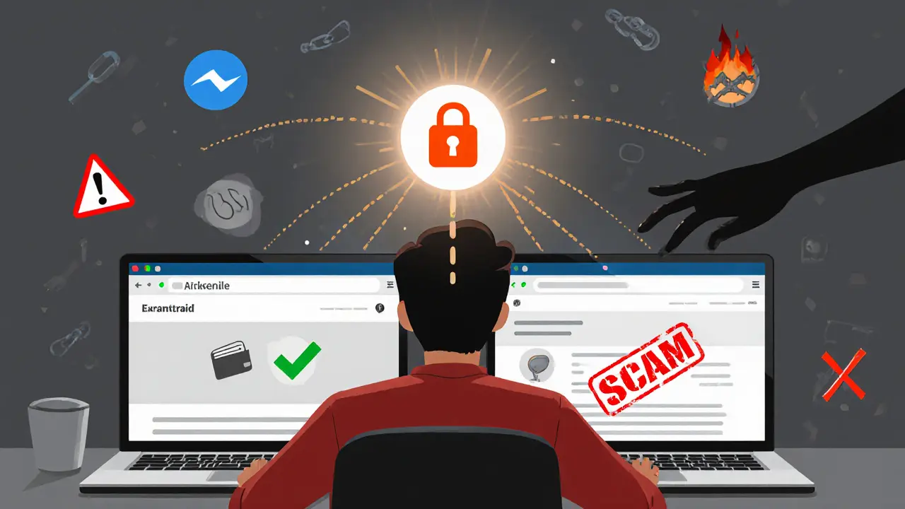 User comparing official website with phishing site, warning symbols and a dangerous wallet connection in background.