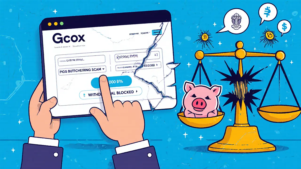 User depositing crypto into a glitching GCOX site as funds vanish into a black hole labeled &#039;Scam&#039;.