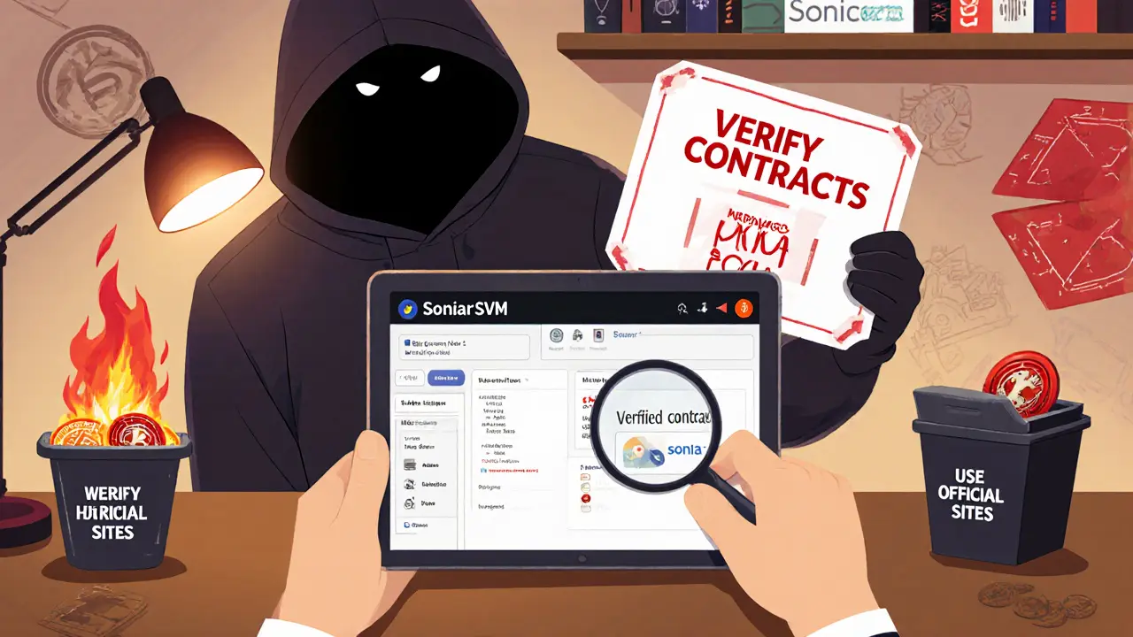 User examining verified blockchain contracts while a scammer lurks in the background.