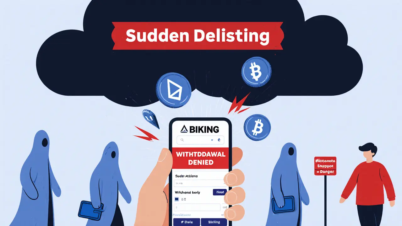 User staring at phone as privacy coins vanish into void, with &#039;Withdrawal Denied&#039; banner and ghostly users walking away in silence.