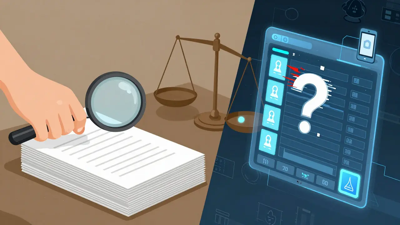 A comparison between hand-counted paper ballots and a glitching blockchain ledger, with a scale favoring traditional voting.