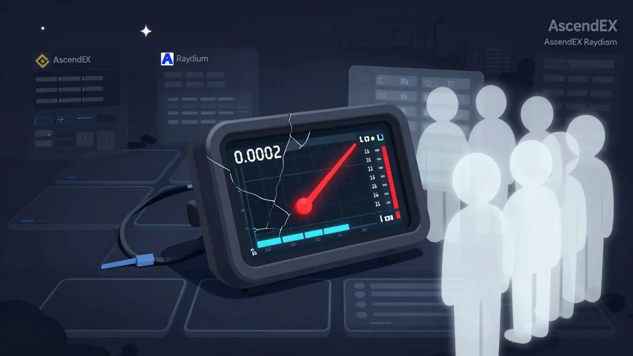 A cracked Sypool dashboard showing a near-zero price with empty staking pools and silent governance tools.