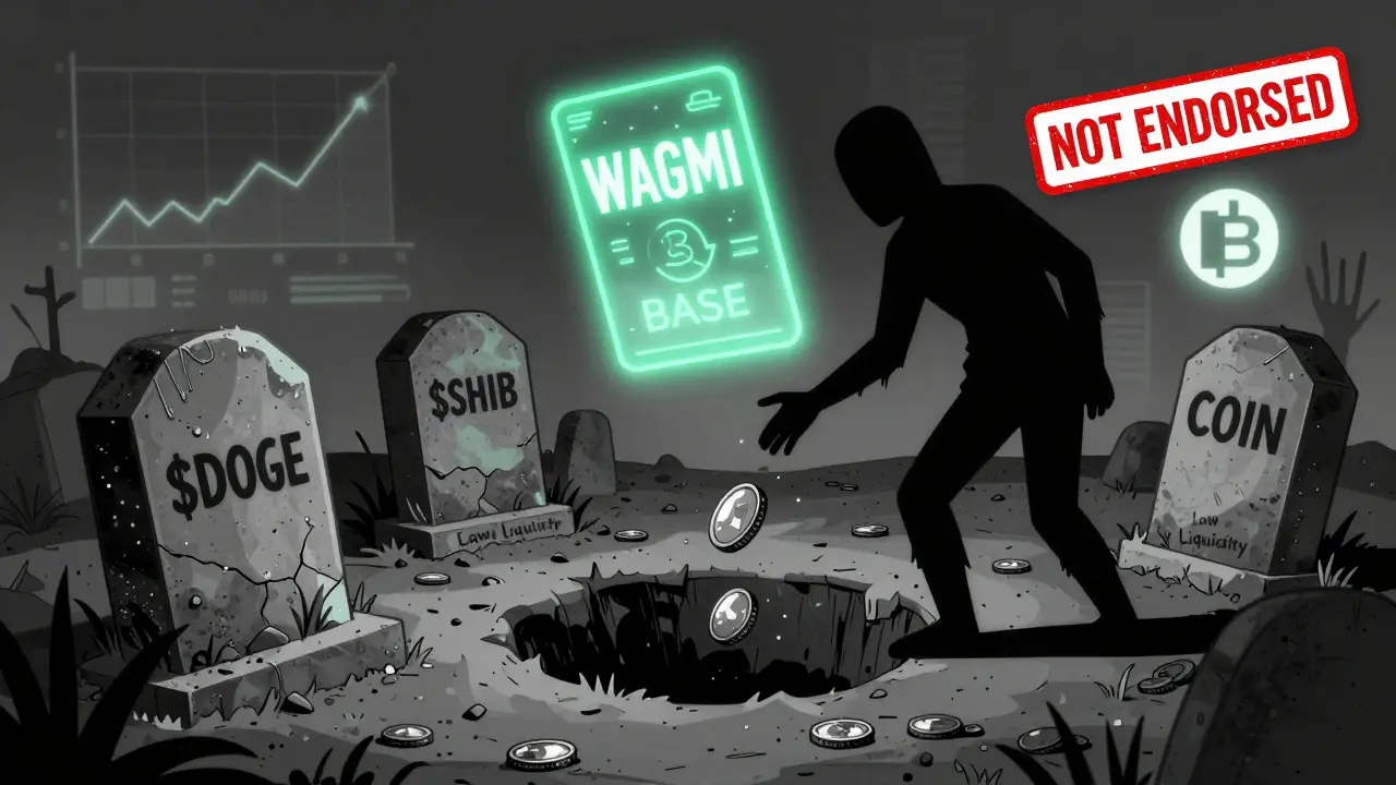 A crypto graveyard with a dusty COIN tombstone and a fading WAGMI hologram above a bottomless pit.